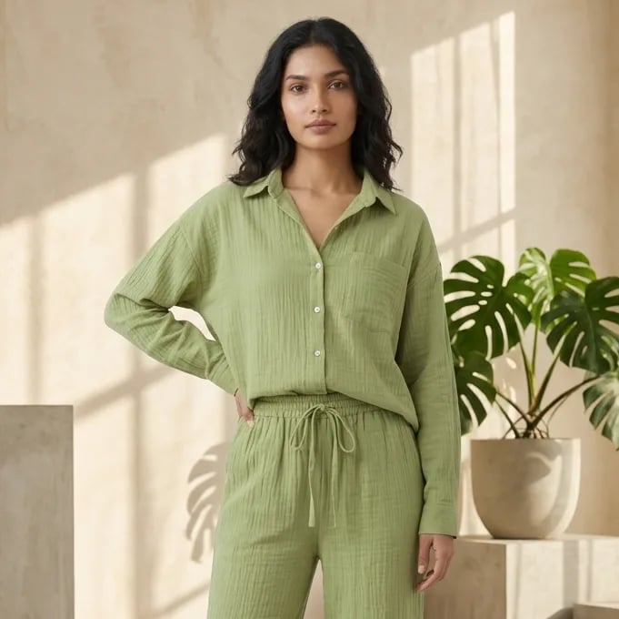 Women's Pure Cotton Crinkle Co-ord Set – Sage Green
