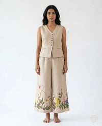 Women's Linen Asymmetric Vest & Embroidered Wide-Leg Trouser Set – Oatmeal Beige