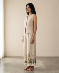 Women's Linen Asymmetric Vest & Embroidered Wide-Leg Trouser Set – Oatmeal Beige
