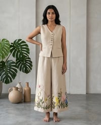 Women's Linen Asymmetric Vest & Embroidered Wide-Leg Trouser Set – Oatmeal Beige