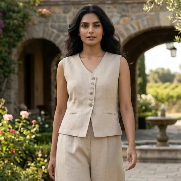 Women's Linen Asymmetric Vest & Embroidered Wide-Leg Trouser Set – Oatmeal Beige