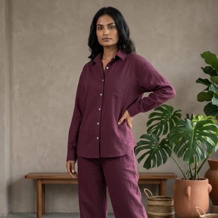 Women's Pure Cotton Crinkle Co-ord Set – Deep Wine
