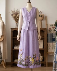 Women's Linen Asymmetric Vest & Embroidered Wide-Leg Trouser Set – Lavender