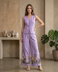 Women's Linen Asymmetric Vest & Embroidered Wide-Leg Trouser Set – Lavender